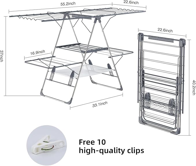 Clothes Drying Rack, Foldable 2-Level Laundry Racks for Drying Clothes Rack,Stainless Steel Drying Rack Clothing Collapsible for Indoor Outdoor,with Height-Adjustable Wings,33 Drying Rails,Gray