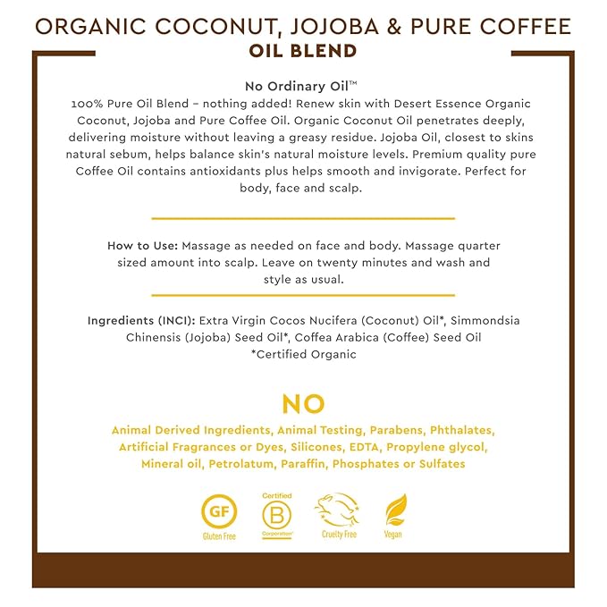 Desert Essence Organic Coconut, Jojoba, and Coffee Oil Blend