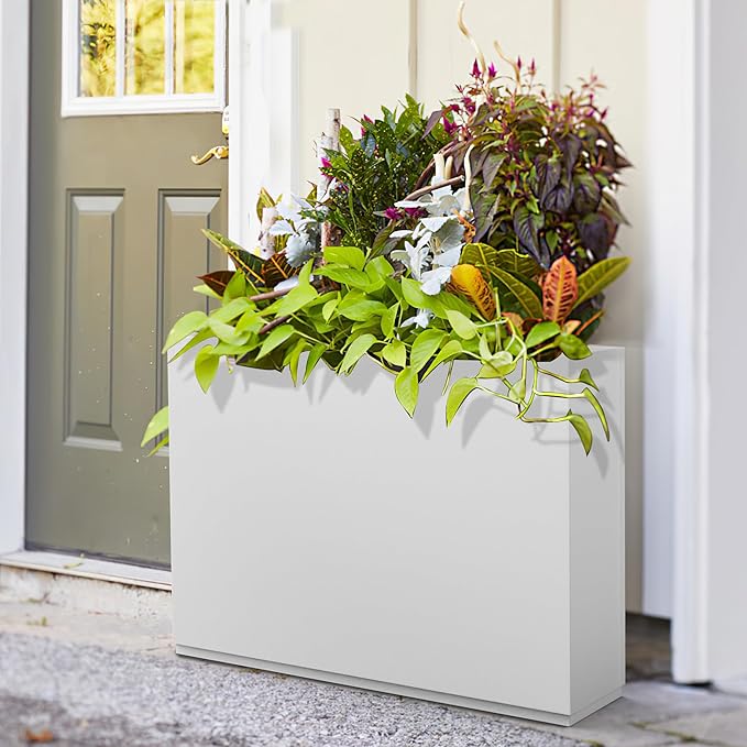 FENCY Metal Rectangular Planter Box Large Planters for Outdoor Plants, Tall Planters for Outdoor Plants with Drainage Holes, Rectangular Planters for Outdoor Plants (35.4" L x 9" W x 25.6" H,White)