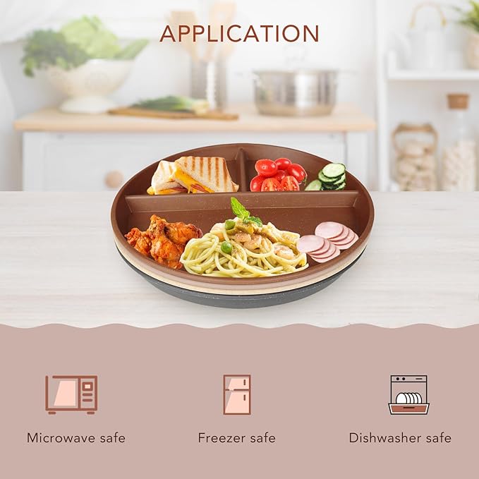 greenandlife 10 Inch 4PCS Unbreakable Portion Control Plates, Divided Plates for Kids Adults, Dishwasher & Microwave Safe Compartment Plate, Lightweight Reusable Wheat Straw Plate, Earth Tone