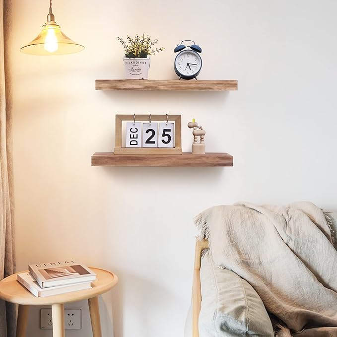 Fun Memories European Pine Floating Shelves for Wall, Mounted Shelf for Decor Storage Set of 2 - Natural Rustic Wooden Wall Shelf for Kitchen Bathroom Living Room Bedroom Farmhouse - Carbonized