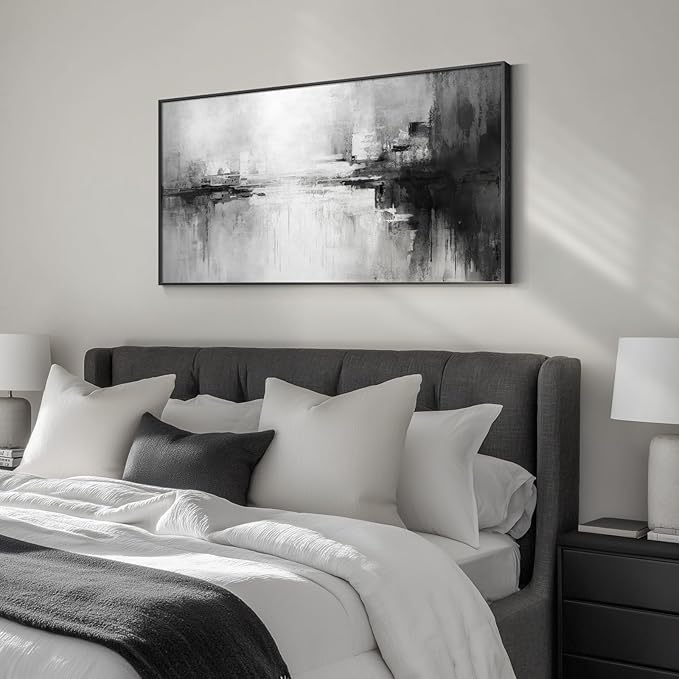 Framed Extra Large Black and White Abstract Canvas Wall Art, Modern Minimalist Horizontal Prints Painting Artwork for Walls, Black Grey Pictures Wall Decor for Living Room Hallway Bedroom Office 30x60 In