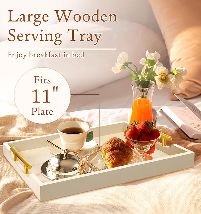 Coffee Table Tray - Large Ottoman Tray for Living Room - Wood Serving Trays with Handles(2 Sets) - Wooden Trays for Coffee Table, 4 Round Coasters Included, Off-White