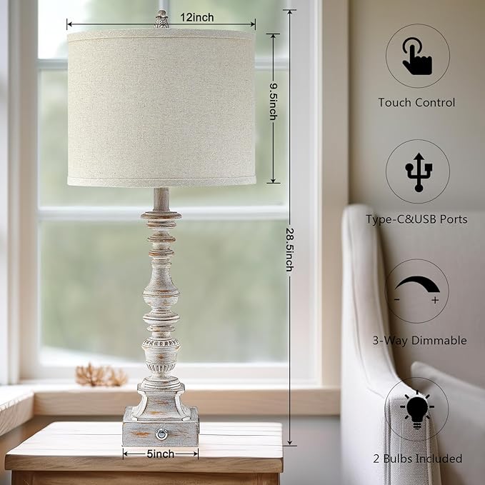 Farmhouse Table Lamps for Bedroom Set of 2 Vintage 3-Way Dimmable Touch Control Nightstand Lamps, Bedside Lamps for Living Room, Traditional Nightstand Lamp End Table lamps 28.5" (Bulbs Included)