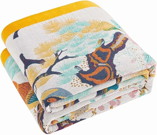 Fall Throw Blanket for Couch, Yellow Boho Decorative Throw Blanket, 100% Cotton Muslin Breathable Woven Farmhouse Blankets Quilt, 80"x90" Reversible Lightweight Blankets Bohemian Throw Quilt