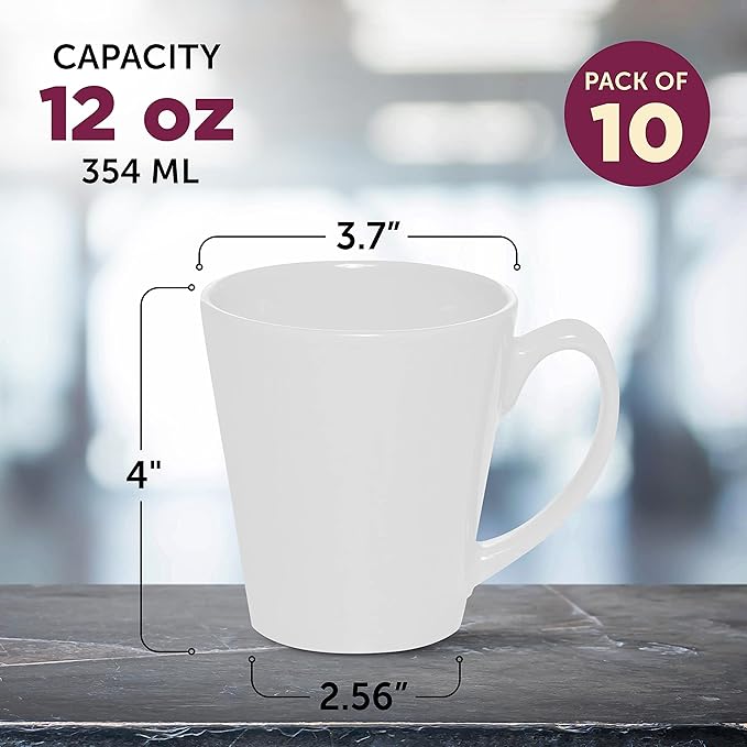 DISCOUNT PROMOS Glossy Ceramic Latte Coffee Mug 12 oz. Set of 10, Bulk Pack - Perfect for Tea, Espresso, Cappuccino, Hot Cocoa - White