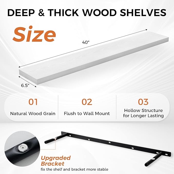 Floating Shelves for Wall, 40 Inch Floating Shelves for Home Decor, Wall Mounted Rustic Wood Shelves, Bathroom, Hanging Deep Shelf for Bedroom, Living Room, Kitchen (White, Set of 2)