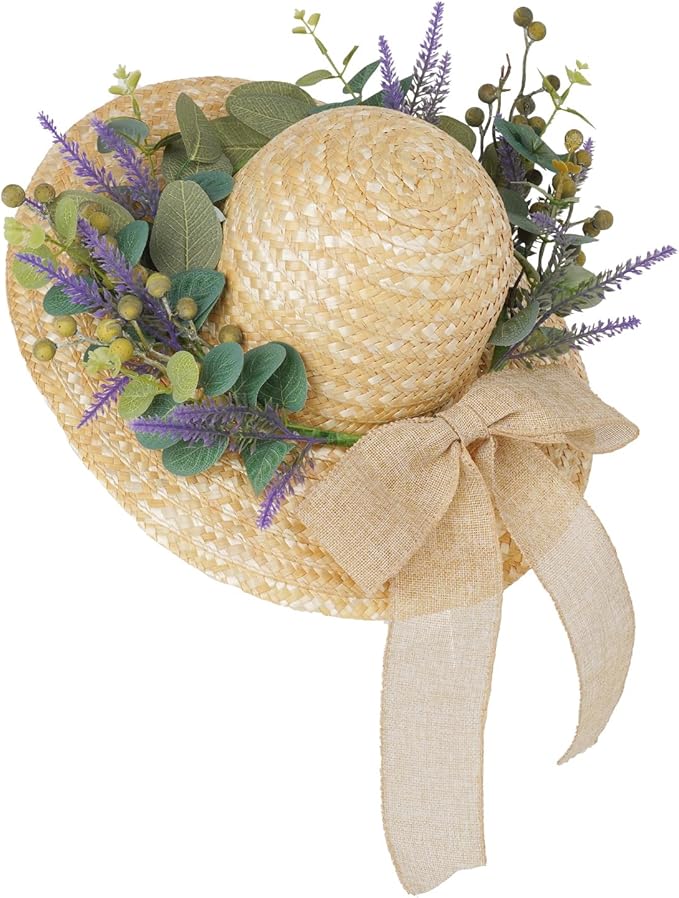 Dilicoming Spring Eucalyptus Wreaths for Front Door - 16 Inch Summer Fall Straw Hat Wreath with Bow, Women Gift, Indoor Outdoor Wreaths for Wall, Window, Farmhouse, Party, Holiday Home Décor