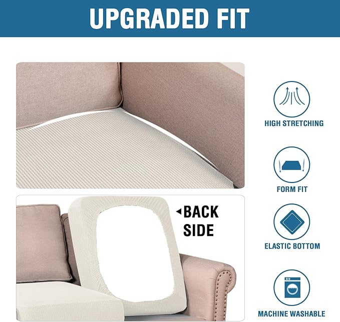 H.VERSAILTEX Super Stretch Individual Seat Cushion Covers Sofa Covers Couch Covers Slipcover Sets Thick Jacquard Textured Twill Fabric (3 Piece XL Sofa Cushion Covers, Porcelain)