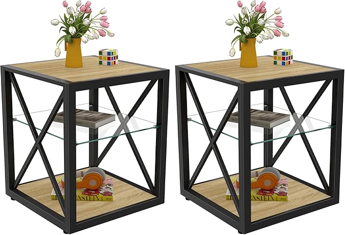 Farmhouse End Table Set of 2, Modern Side Table with 3-Tier Storage Shelf, Square Rustic Nightstand, Accent Tea Table, for Bedroom Office Living Room, Brown, Natural Wood, Glass, Metal