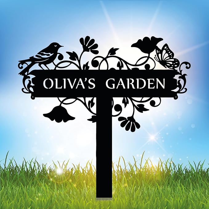 Customized Metal Birds and Flowers, Personalized Garden Sign with Stake, Gardening Decor for Outdoor, Patio and Farmhouse Decorations