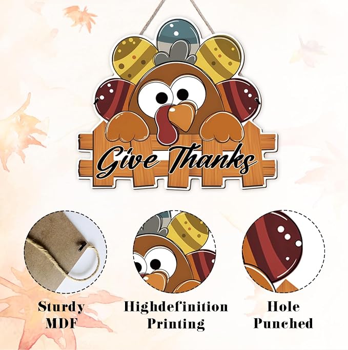 Give Thanks Sign Turkey Front Door Decor Thanksgiving Day Wood Door Hanger, Fall Wooden Thankful Wreath Hanging Decoration for Outdoor Outside Porch, Housewarming Gift
