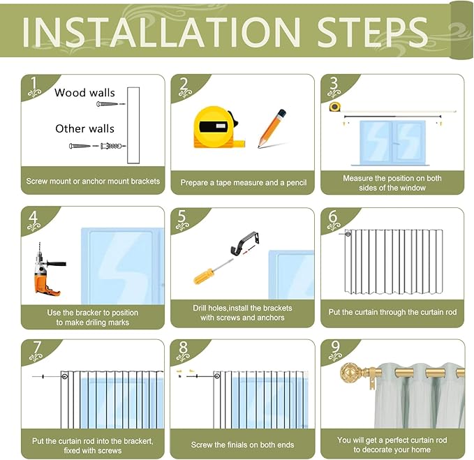 Gold Adjustable Curtain Rods for Windows:Farmhouse Heavy Duty Curtain Rod for Bedroom Living Room,Boho Decorative Rustic Drapery Rod with Vintage Coastal Finials,Brass Gold 2 Pack 66-120"