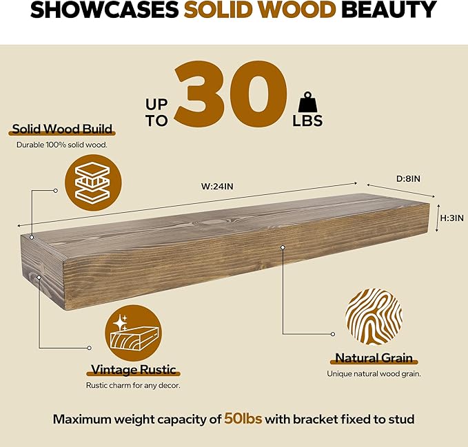 Floating Shelves 24 inch for Wall Set of 2,3 inch Thick Pine Wood Wall Mount Shelf for Kitchen Living Room Bedroom Bathroom,8" D x 24" L x 3" H-Drak Walnut