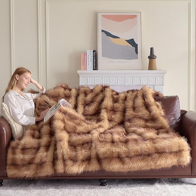Fluffy Faux Fur Throw Blanket – Super Soft Warm Thick Plush Blanket for Bed, Couch & Office, Cozy Fuzzy Throw with Flannel Backing,108"x90", Brown