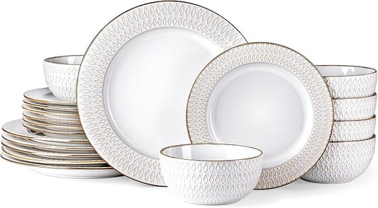 GBHOME Ceramic Dinnerware Sets,18 pcs Embossed Elegant Stoneware Plates and Bowls Sets, Housewarming Wedding Gift | Dishwasher & Microwave Safe | Dishes Set Service for 6
