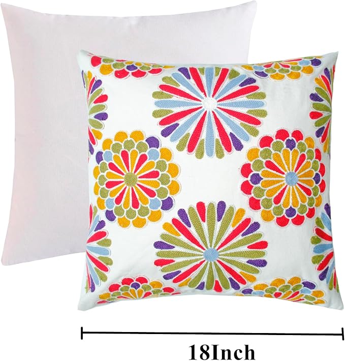 Embroidered Decorative Throw Pillow Cover, 18"x18" Set of 2, Farmhouse Pillowcase Colorful Knit Pattern Cotton Canvas Cushion Case Square Floral Pillow Case for Sofa Couch Bed Living Room