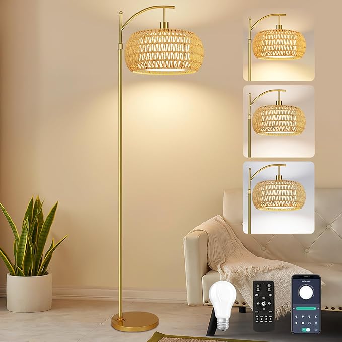 Gold Floor Lamps for Living Room Rattan Boho Floor Lamp with Remote Control,Dimmable Arc Floor Lamp Wicker LampShades Brass Standing Lamp with 3 Color Temperature Tall Floor Lamps For Bedroom Corner