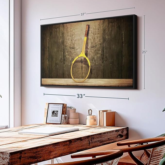 ElephantStock Vintage Tennis Racket Wall Art - Horizontal Framed Canvas - 1-Piece Living Room Wall Decor - Photography Sports Canvas Print - Brown and Black Decor for Wall - 37" X 25"