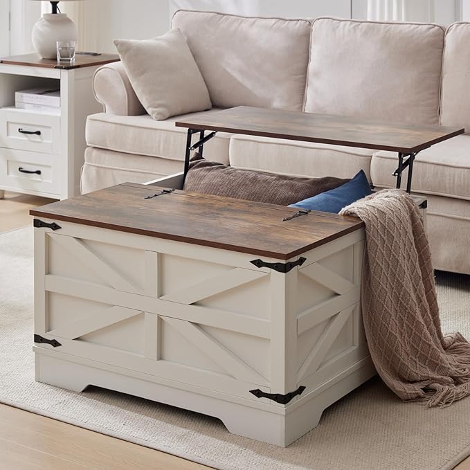 Coffee Table with Storage, Rustic White Square Coffee Tables for Living Room, Lift top Coffee Table with Large Hidden Compartment, Smart Cocktail Tables with Flip Top Lids for Home Office