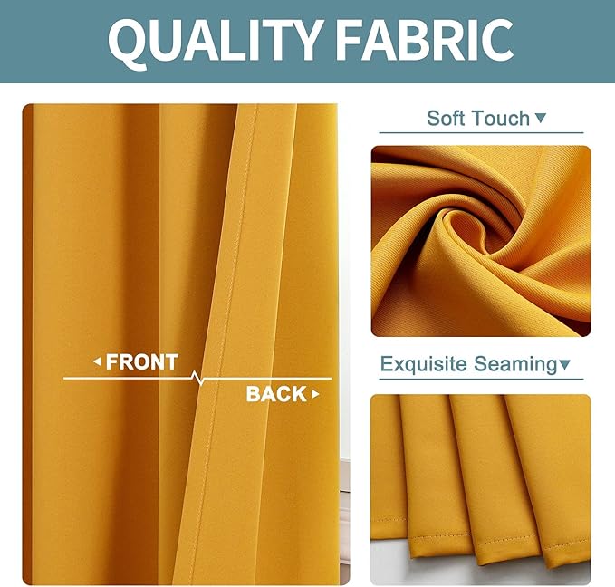 ChrisDowa Grommet Room Darkening Curtains for Bedroom and Living Room - 2 Panels Set Thermal Insulated Blackout Curtains (Mustard Yellow, 52W x 45L)