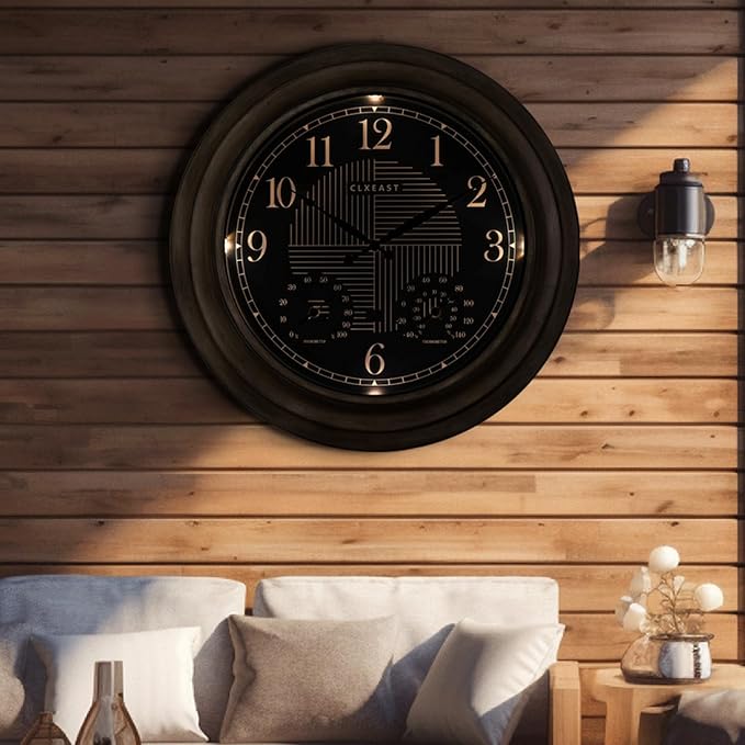 CLXEAST 24 Inch Self-Illuminated in/Outdoor Atomic Wall Clock with Temperature and Humidity, Oversized Large 24 Inch Wall Clocks for Living Room Decor, Brushed Grey Oak Wooden Finish
