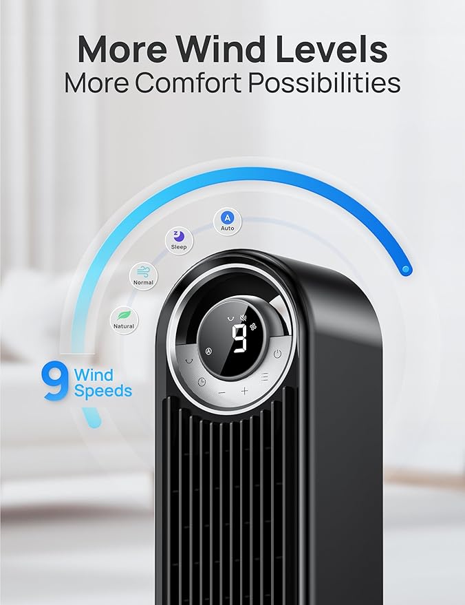 Dreo Tower Fan for Bedroom, 90° Oscillating Standing Floor Fan with 28ft/s Velocity, 25dB Quiet for Sleep, DC Motor, 9 Speeds, 4 Modes, 12H Timer, Voice & APP & Remote Control, 42" Cruiser Pro T2 S