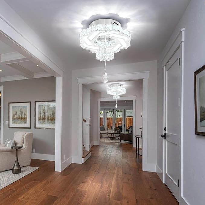 Flashing God 16 Inch Mini Chandelier Modern Crystal Chandeliers Light Semi Flush Mount Ceiling Light Fixture Small Silver Chandelier for Bedroom Hallway Kitchen Foyer