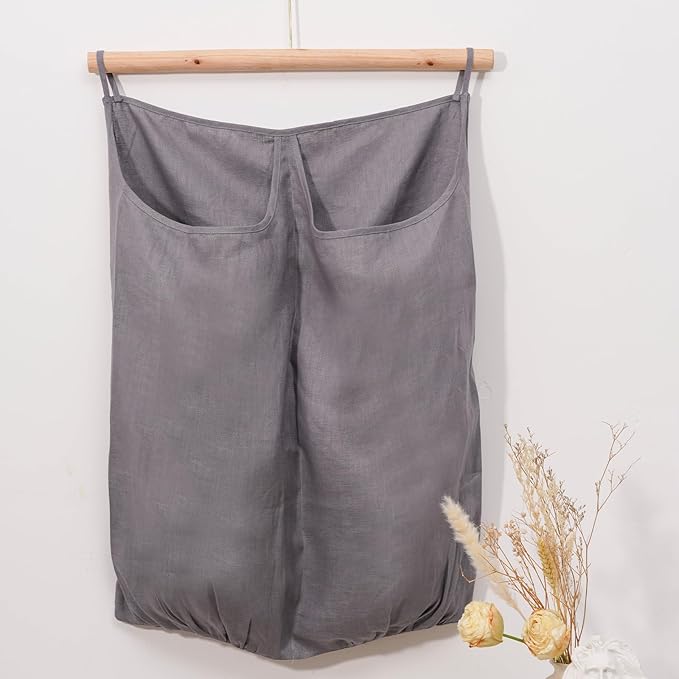 100% Pure Linen Dual Hanging Laundry Bag with 2 Deep Pocket and 2 Side Zipper 20x27in, Over The Door Laundry Hamper Space Saving Hampers for Dirty Clothes Home Travel, Grey