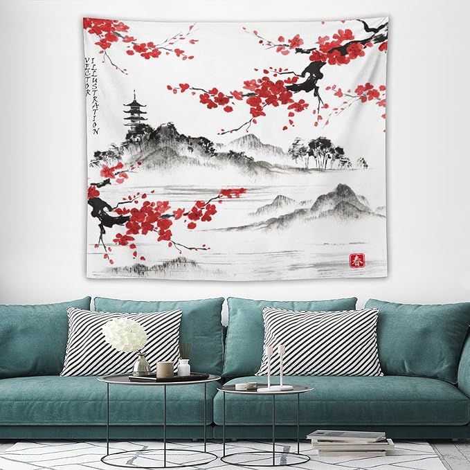 Cherry Blossoms Tapestry, Japanese Fuji Mountain Tapestry, Asian Japanese Wall Tapestry, Nature Landscape Tapestries for Bedroom Living Room Decor 60"x50"