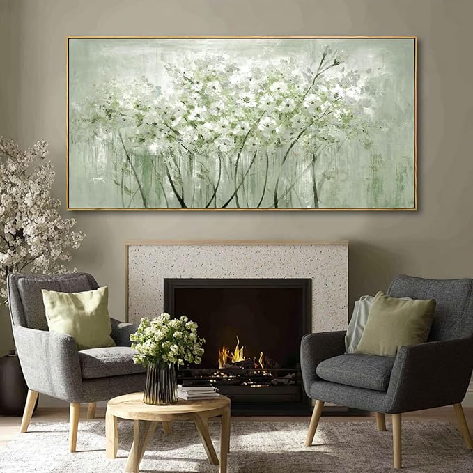 Framed Green Flower botanical Canvas Wall Art 29"x58" Modern Botanical Poster Artwork for Bedroom Living Room Office Kitchen Decor