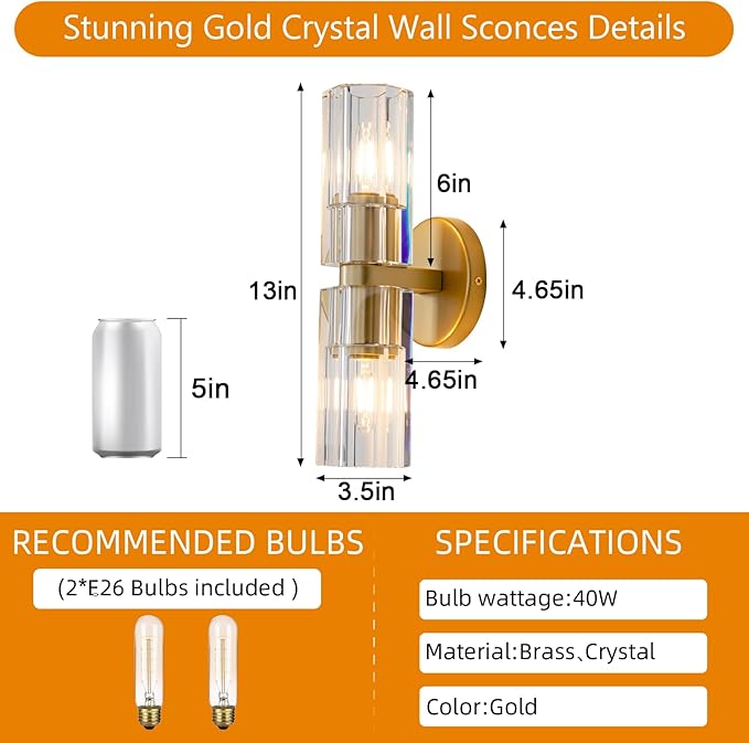 Gold Crystal Wall Sconces Set of Two, Wall Sconce Set of 2, Brass Sconces Wall Lighting with K9 Crystal Lampshade, Wall Lights for Bedroom Living Room Bathroom Hallway