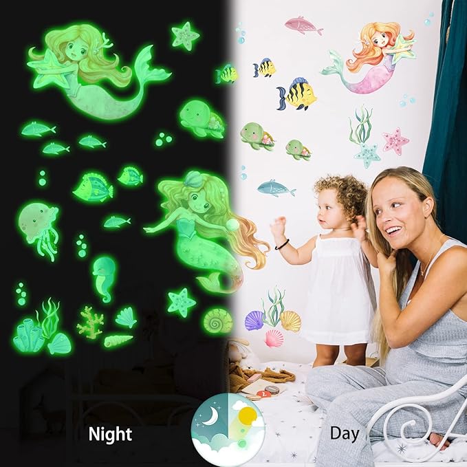 Glow in The Dark Stars Mermaid Wall Decals, Turtle Ocean Fish Stickers for Ceiling, DIY Wall Decor for Nursery Playroom Living Room, Birthday Christmas Gift