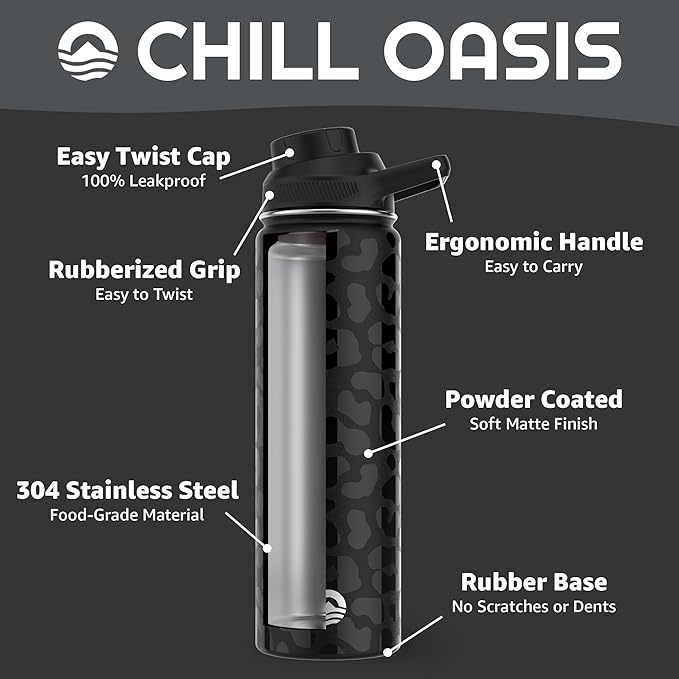Chill Oasis Water Bottle | Compatible With Popular Flavor Cartridges | BPA Free, Leak Proof, Double-Walled Vacuum Insulated Stainless Steel, and Dishwasher Safe | Cold for 24 Hours (Leopard, 22oz)