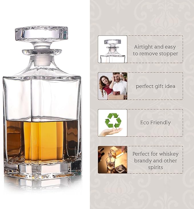 Glass Decanter with Airtight Geometric Stopper - Whiskey Decanter for Wine, Bourbon, Brandy, Liquor, Juice, Water, Mouthwash. Italian Lead-Free Glass (25.97 oz/768ml)