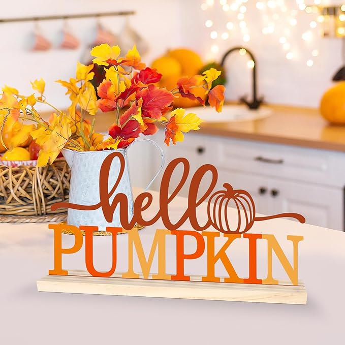 COCHIE Metal Hello Pumpkin Sign, Orange Fall Decorations for Home, Office, Shelf, Mantel, Indoor, Autumn Pumpkin Decoration, Hello Fall Decor (Autumn A)