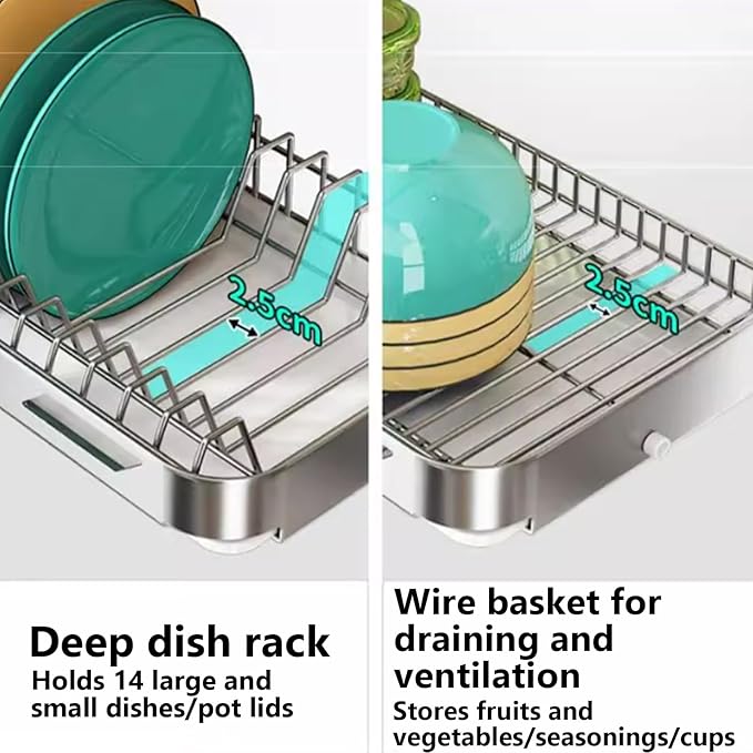 Dish Drying Rack with Drain Board - Rustproof Stainless Steel Dish Rack with Utensil Holder,Dish Racks for Kitchen Counter Over Sink,Over-Sink Drying Rack(Wall-Mounted,Second Floor)