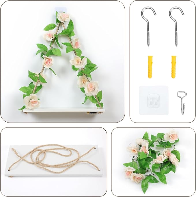 Floating Shelves for Wall,Plant Wall Decor,Hanging Shelf,Cottage Core Decor,Room Decor Aesthetic,Boho Room,Adhesive Shelves,Floating Shelves for No Drilling,Two-Piece Set(Champagne Flower)