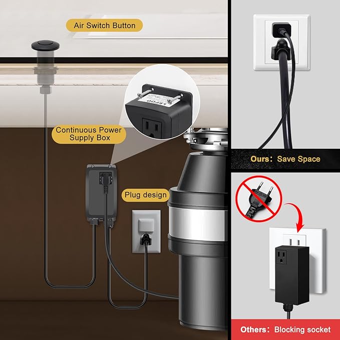 Garbage Disposal Air Switch Kit, Garbage Disposal Button, Sink Top Waste Disposer On/Off Switch, Matte Black (Stainless Steel Cover), UL Listed Air Switch Compatible with All Garbage Disposals