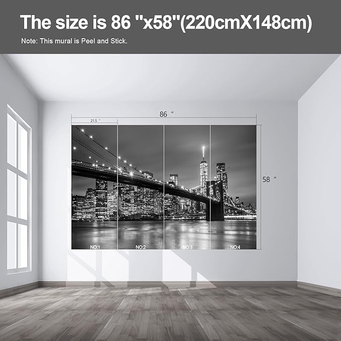 Gray Brooklyn Bridge at Night NYC Wall murals New York Peel and Stick Wallpaper for Bedroom Living Room - 58"x86"