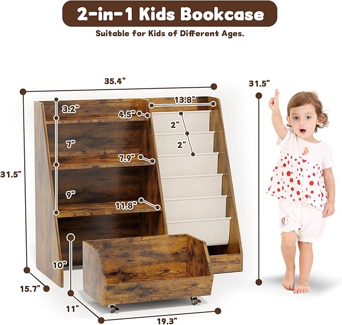 COZPAW Kids Bookshelf and Toy Storage, 4 Tier Toddler Bookshelf with Movable Drawer 5 Sling Pockets, Montessori Book Shelf for Kids Room, Playroom, Nursery (Brown)