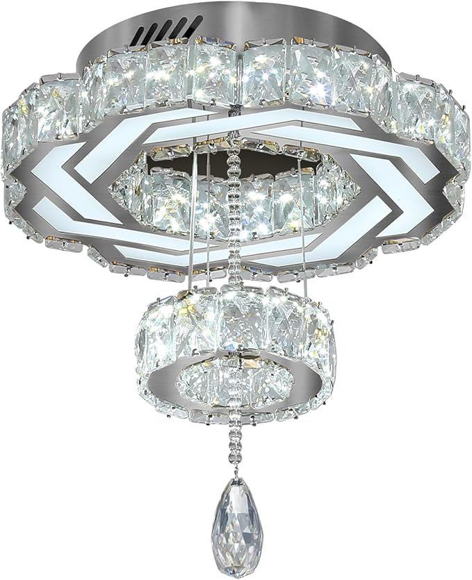 Flashing God Small Crystal Chandeliers Dia 12" Silver Chandelier Flush Mount Ceiling Light for Bedroom Living Room Dining Room Hallway Dimmable 3 Rings LED Celing Lighting Fixtures