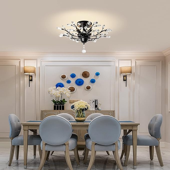 Ganeed Crystal Chandeliers,Vintage K9 Clear LED Ceiling Lighting,Edison Pendant Light Flush Mounted Fixture with 4 Light for Living Room Dinning Room Restaurant Porch Hallway (Black)