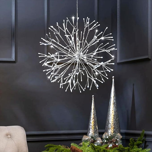 Christmas led Sparkle Ball Hanging Outdoor décorations -Haning Twig Ball,Snowflake Ornament Lights Indoor Outdoor Festive Holiday Décor 24Inch (Cool White)