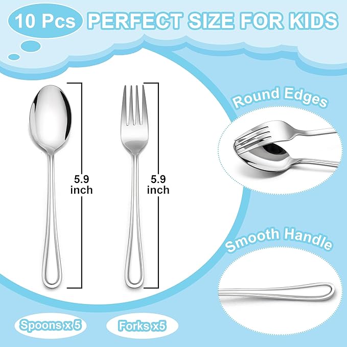 E-far 10-Piece Toddler Utensils, Kid Stainless Steel Silverware Set, Children Safe Forks and Spoons Set for Self Feeding, Healthy & Non-Toxic, Mirror Polished & Easy to Clean