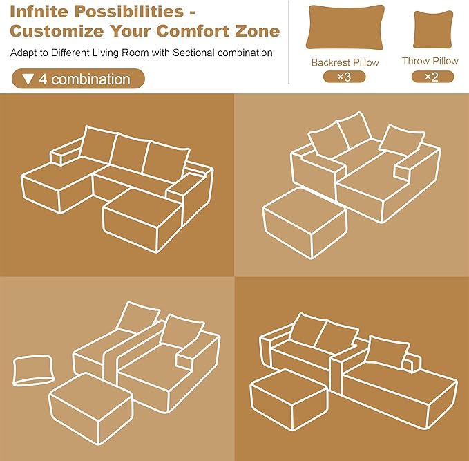 108" Sectional Couches for Living Room Modern Modular Sofa with L-Shape Couchs Upholstered Boneless Couch Deep Seat Sectional Couch with Chaise (Camel, Left Facing Chaise+2Seaters+1Ottoman)