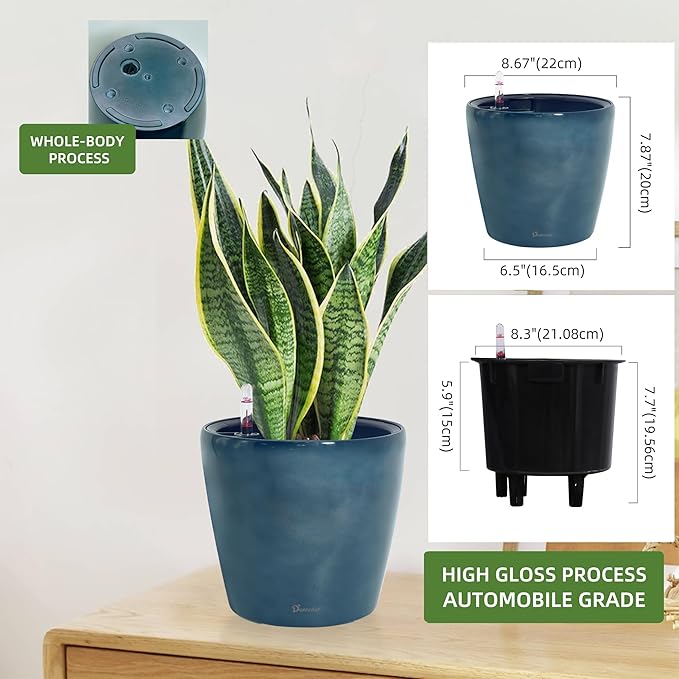 Dexceder 9x8 Inches Self Watering Planter Indoor Outdoor, Inner Pot Design, Thickened Table Flower Plant Pot with Water Level Indicator (Grayish Green Gradient)