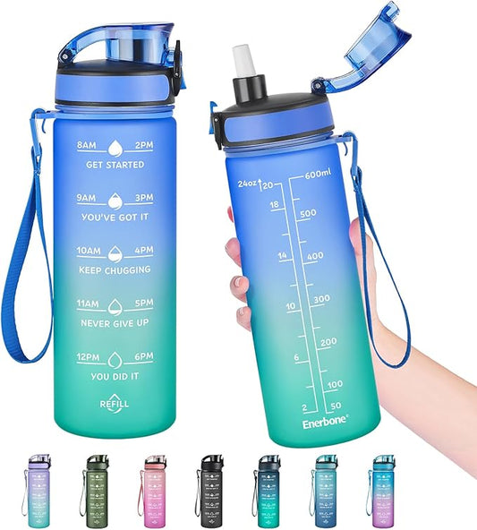 Enerbone Water Bottle, Leakproof BPA & Toxic Free, Motivational Water Bottle with Times to Drink and Straw, Fitness Sports Water Bottle with Strap for Office, Gym, Outdoor Sports