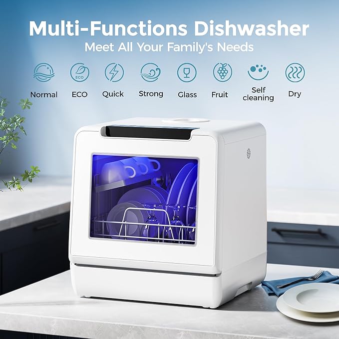 EUHOMY Portable Dishwasher Countertop Dishwashers, 8 Programs Mini Dishwasher, 5L Built-in Water Tank and Inlet hose, Self Clean, Baby Care, Air Dry Function, for Apartments & RVs, No Hookup Needed