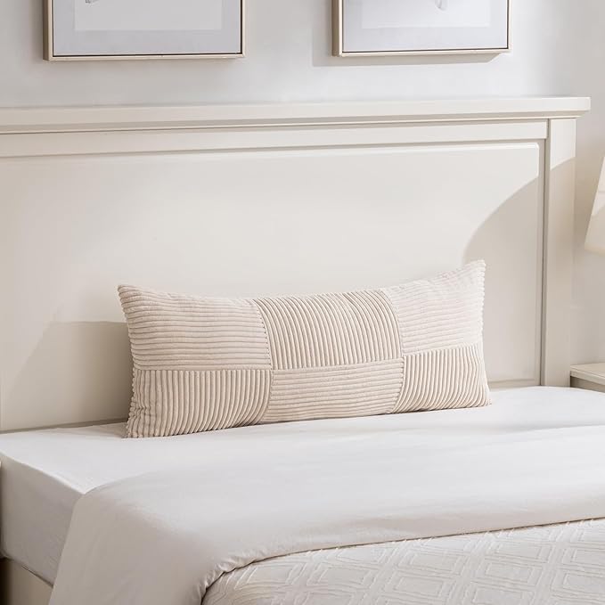 Fancy Homi Set of 2 Tan Boho Long Lumbar Body Decorative Throw Pillow Cover 14x36 Inch for Bed Couch Bedroom Bench, Soft Patchwork Corduroy Textured Pillow Case, Rustic Farmhouse Room Décor